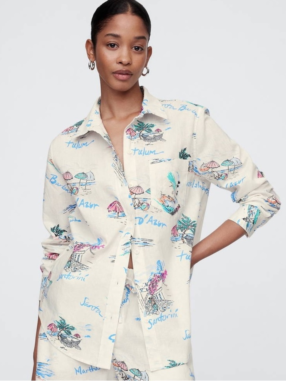 Gap easy linen blend beach vacay tropical long sleeve button down shirt Large - Picture 1 of 10